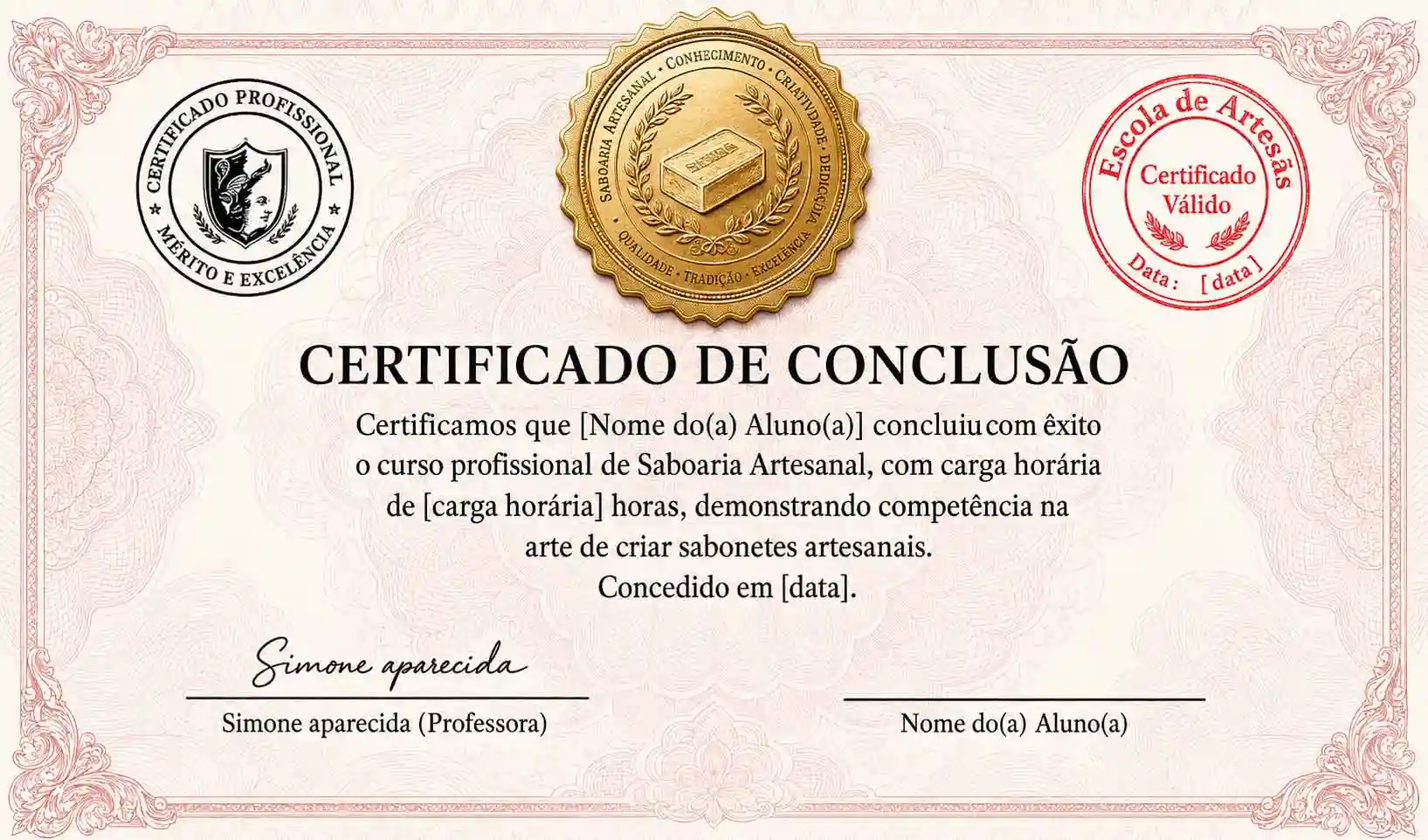 Modelo do certificado de conclusão do curso Saboaria Lucrativa